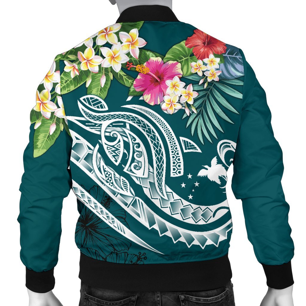 Papua New Guinea Polynesian Men's Bomber Jacket - Summer Plumeria (Turquoise) - Polynesian Pride