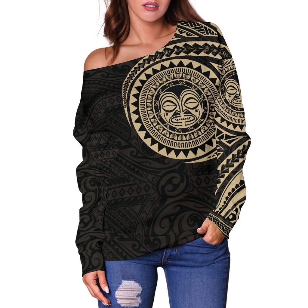 Polynesian Face Tattoo Style Off Shoulder Sweater 2 A7 - Polynesian Pride