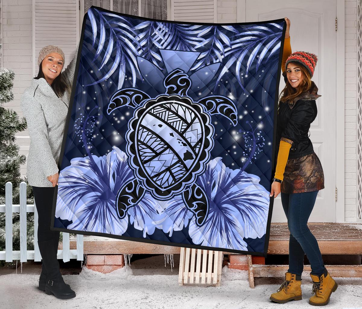 Hawaii Turtle Hibiscus Blue Premium Quilt - Hac Style - AH - Polynesian Pride