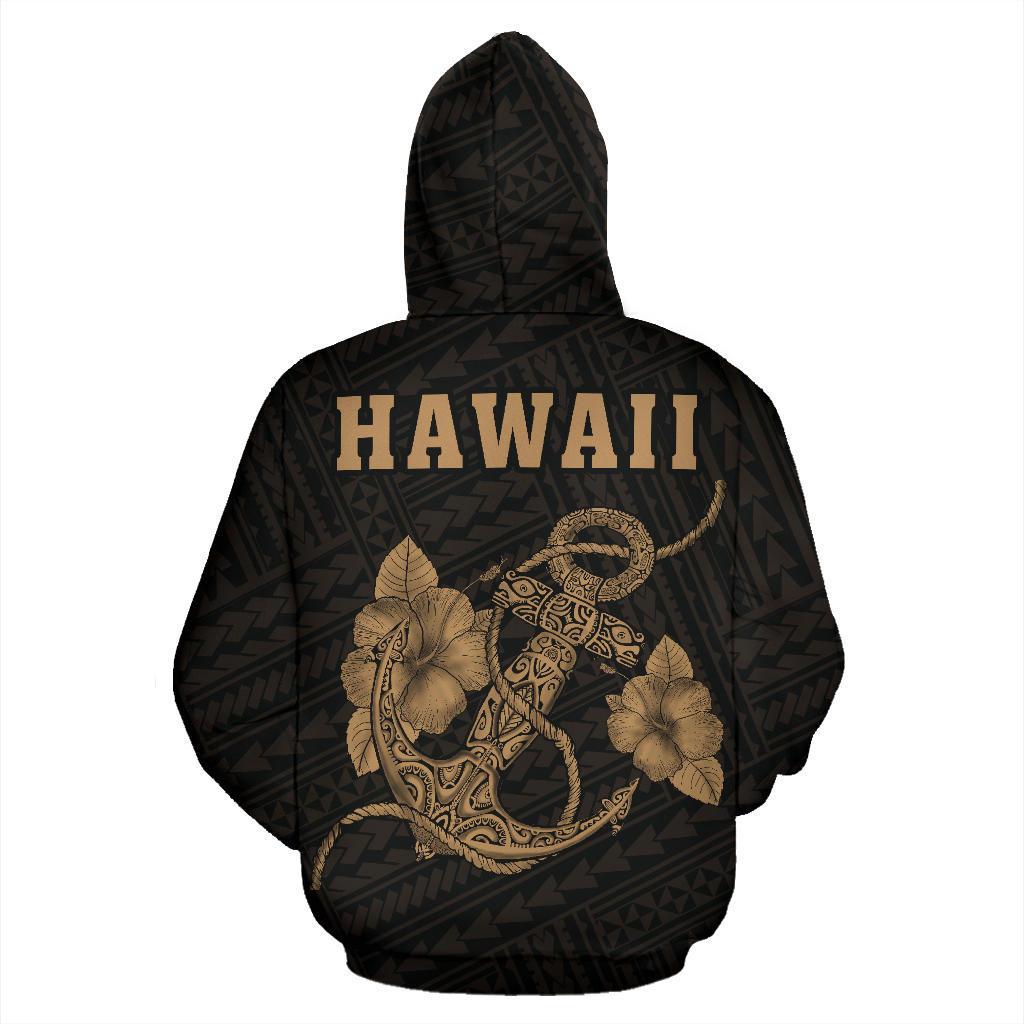 Polynesian Kakau Anchor Hibiscus Hawaii Zip Hoodie Gold - Polynesian Pride
