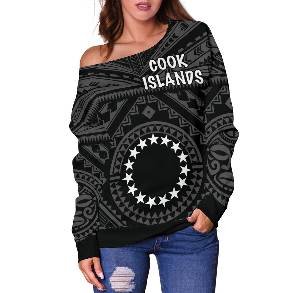 Cook Island Women's Off Shoulder Sweater - Seal With Polynesian Tattoo Style ( Black) - Polynesian Pride