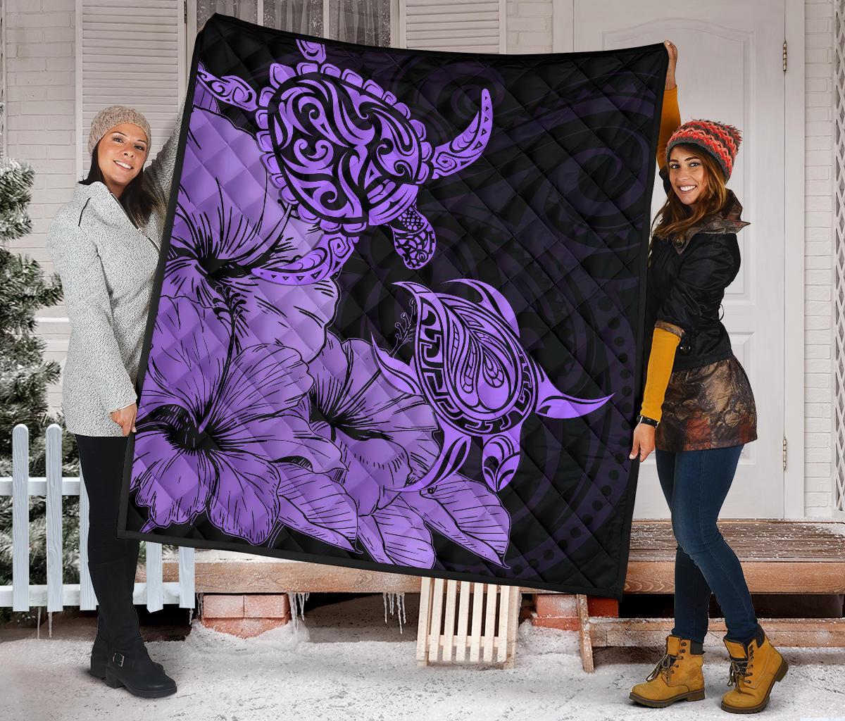 Hawaii Turtle Premium Quilt Polynesian Hibiscus Art Violet AH - Polynesian Pride