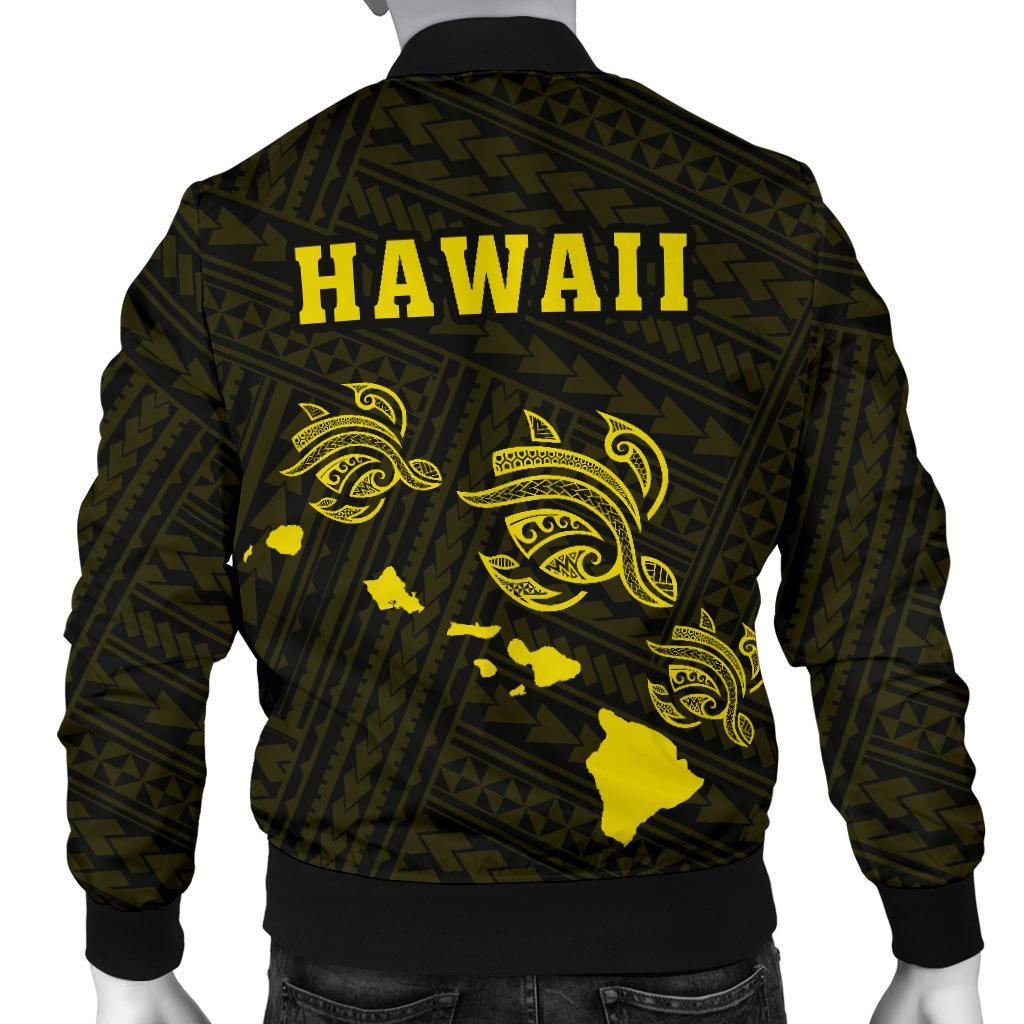Hawaii Kakau Polynesian Three Turtles Map Men's Bomber Jacket - Yellow - Polynesian Pride