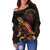 Palau Polynesian Women's Off Shoulder Sweater - Turtle With Blooming Hibiscus Gold - Polynesian Pride