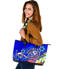 Guam Large Leather Tote Bag - Turtle Plumeria (Blue) - Polynesian Pride