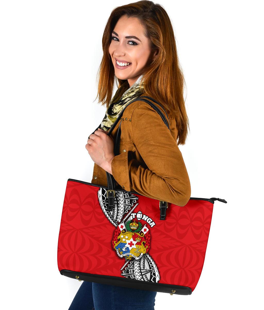 Tonga Rugby Large Leather Tote Polynesian Style Pinwheel - Polynesian Pride