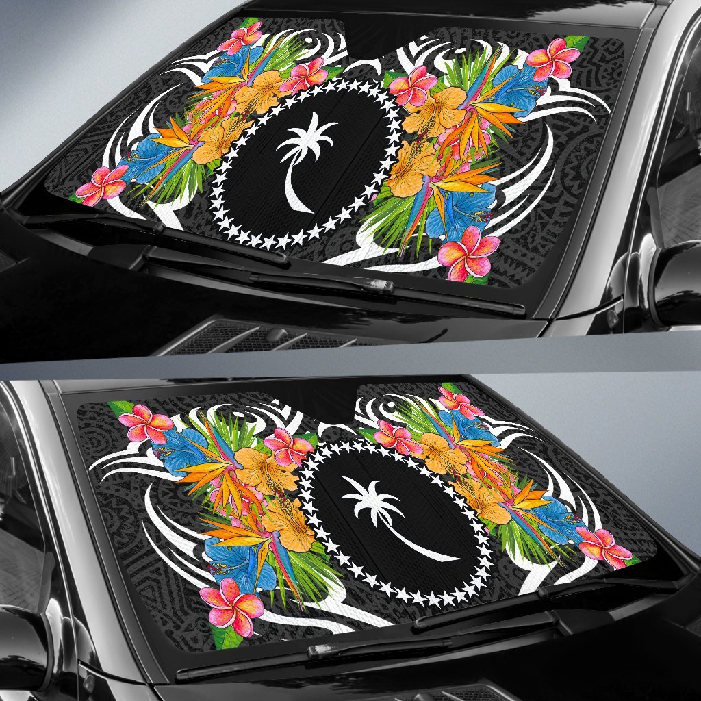 Chuuk State Auto Sun Shades - Coat Of Arms With Tropical Flowers - Polynesian Pride