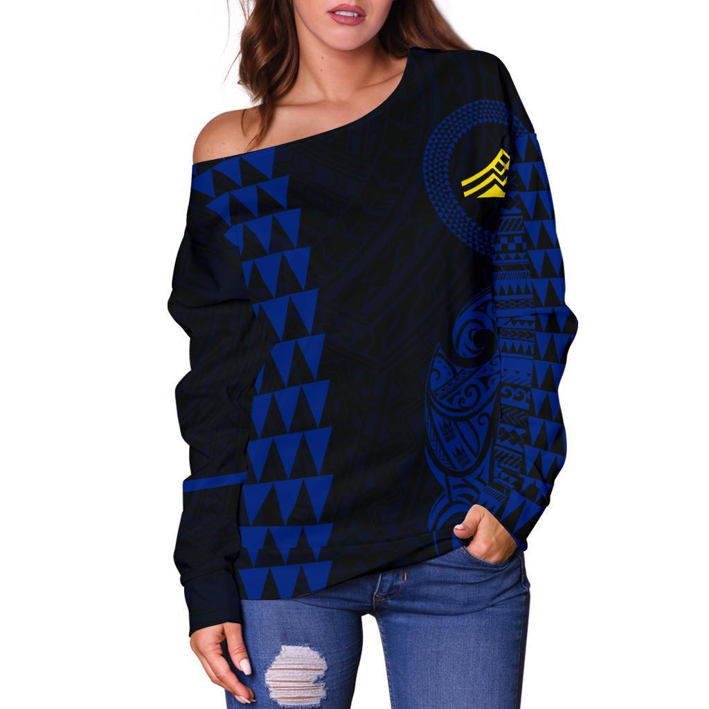 Hawaii Mauna Kea Polynesian Women's Off Shoulder Sweater - Blue - Polynesian Pride