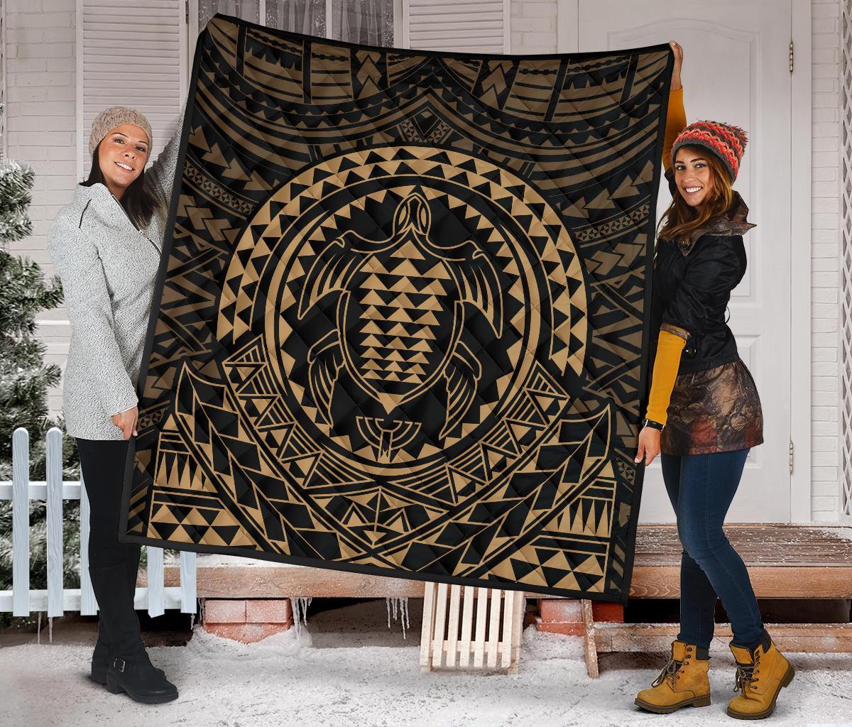 Hawaiian Kakau Honu Arc Gold Polynesian Premium Quilt - Polynesian Pride