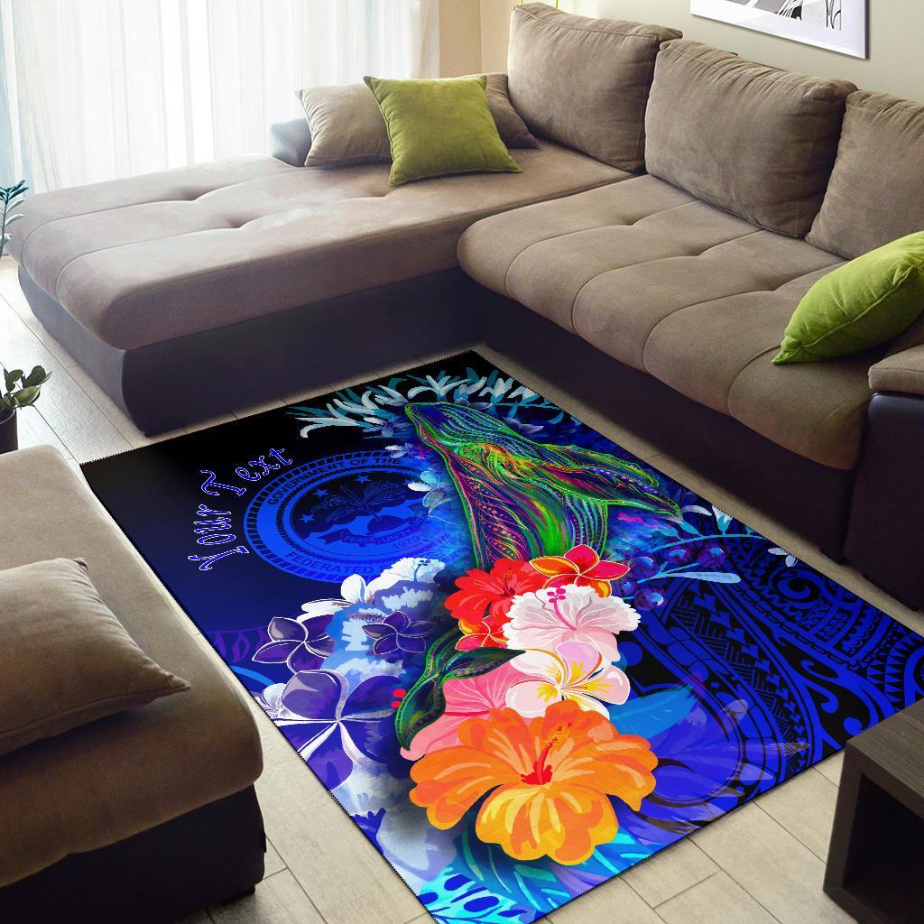 Federated States of Micronesia Custom Personalised Area Rug - Humpback Whale with Tropical Flowers (Blue) - Polynesian Pride