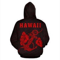 Polynesian Kakau Anchor Hibiscus Hawaii Zip Hoodie Red - Polynesian Pride