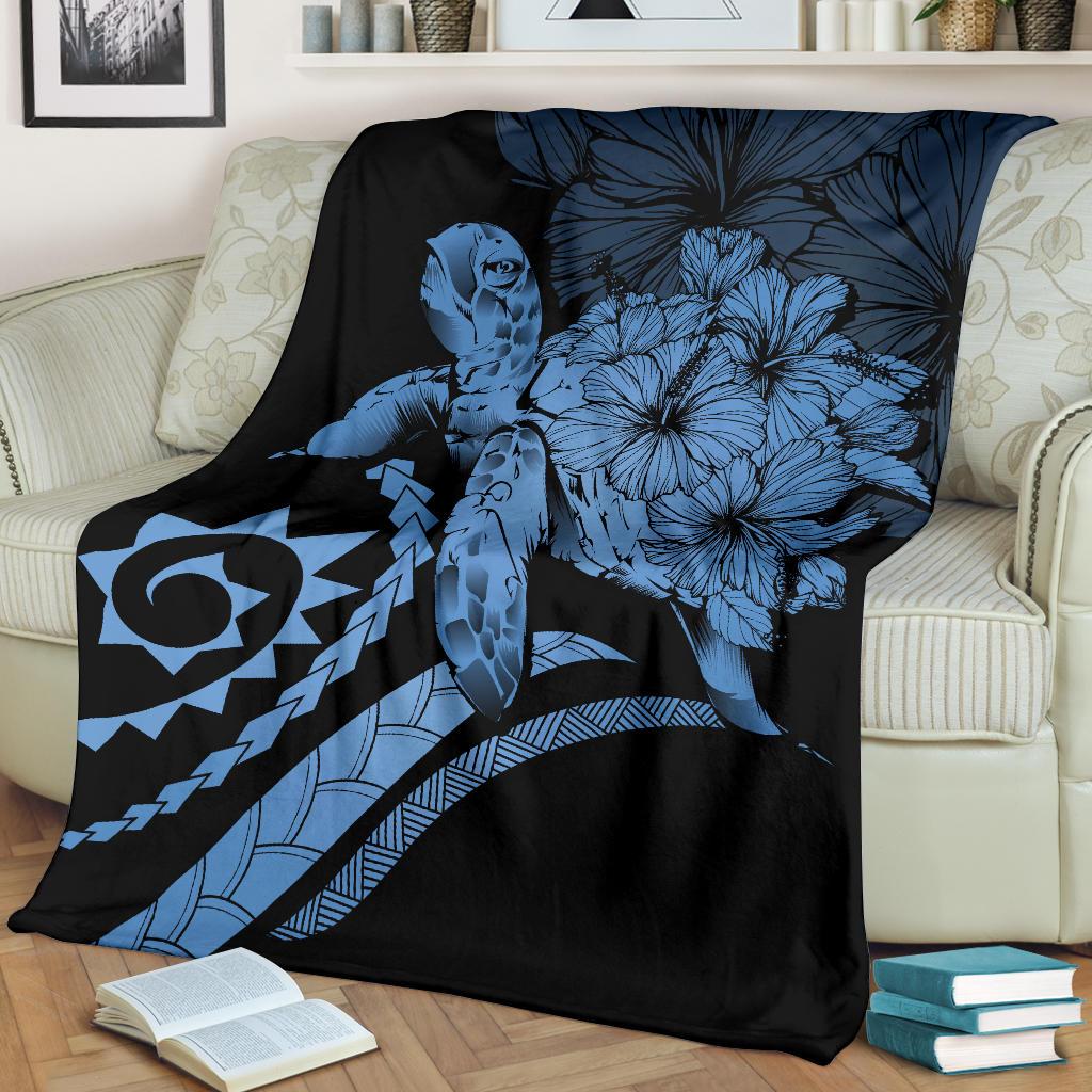 Hawaii Turtle Hibiscus Polynesian Vintage Premium Blanket - Pastel Blue - Polynesian Pride