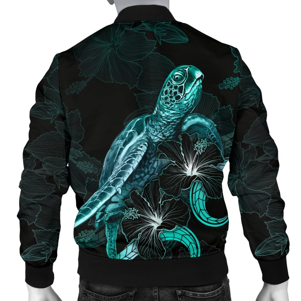 Cook Islands Polynesian Men's Bomber Jacket - Turtle With Blooming Hibiscus Turquoise - Polynesian Pride