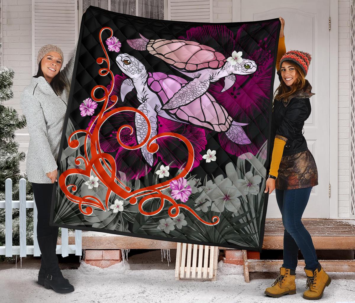 Hawaii Turtle Couple Valentine's Hibiscus Plumeria Premium Quilt - Valentine Style - AH - Polynesian Pride