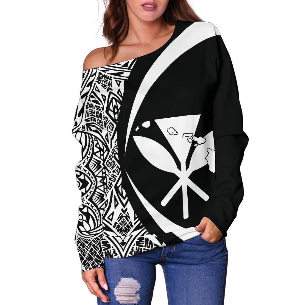 Kanaka Hawaii Map White Polynesian Off Shoulder Sweater - Circle Style - Polynesian Pride