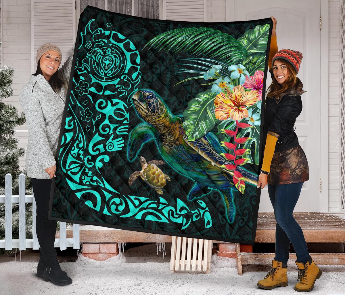 Tiki Polynesian Premium Quilt Turtle Hibiscus - Polynesian Pride