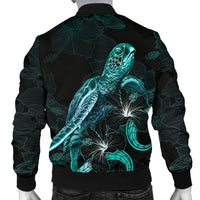 Tonga Polynesian Men's Bomber Jacket - Turtle With Blooming Hibiscus Turquoise - Polynesian Pride