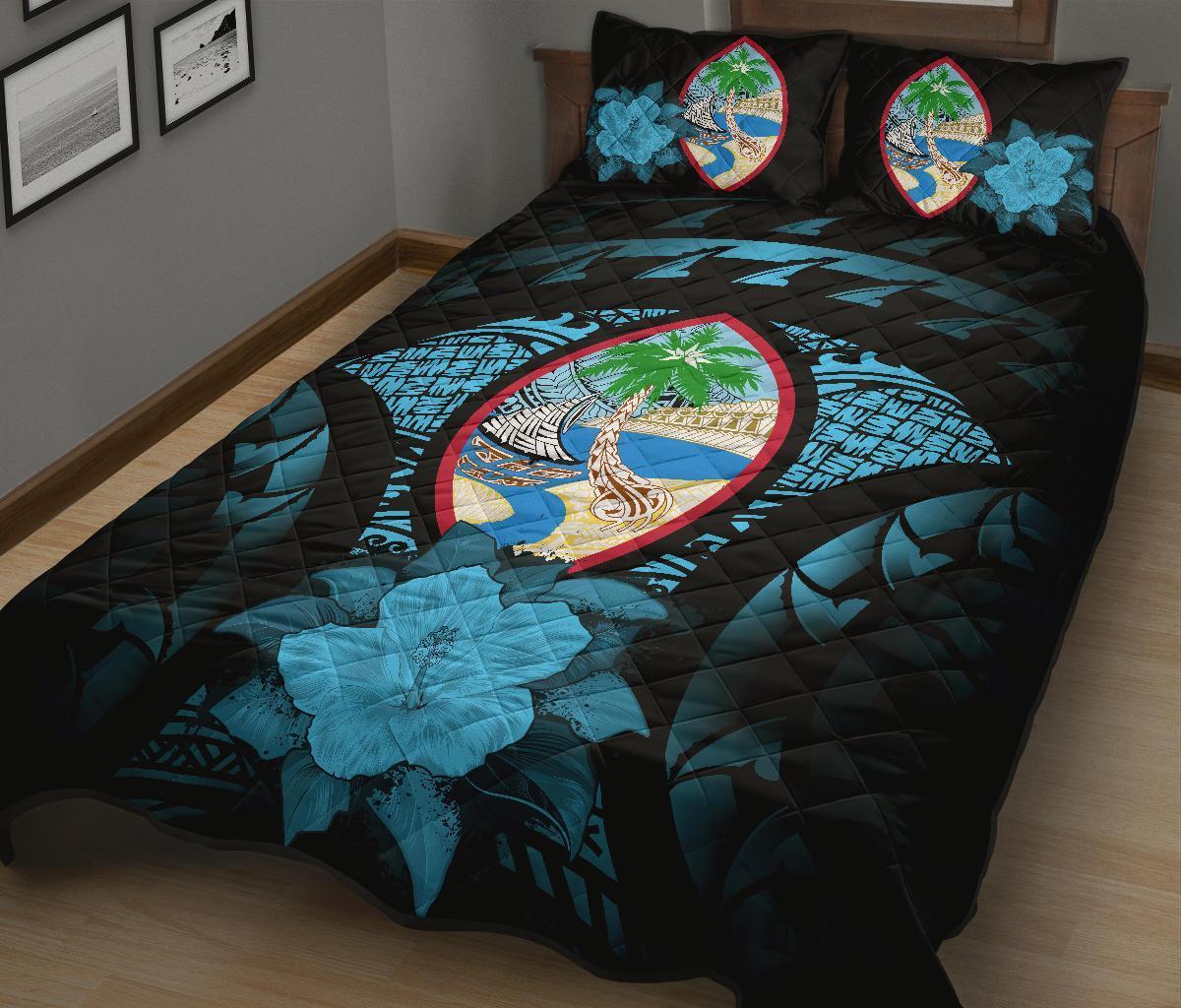 Guam Polynesian Quilt Bed Set Hibiscus Blue - Polynesian Pride
