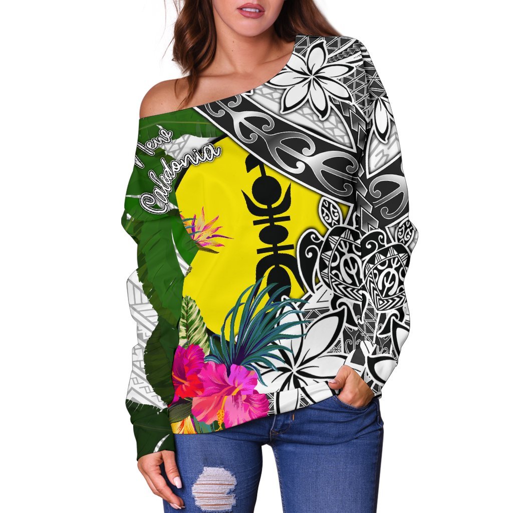 New Caledonia Women's Off Shoulder Sweater White - Turtle Plumeria Banana Leaf - Polynesian Pride