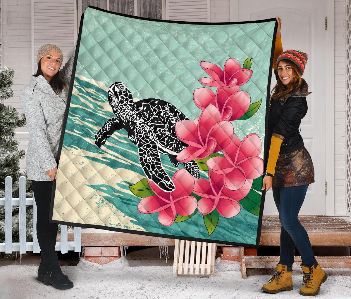 Hawaii Premium Quilt - Hawaii Turtles With Plumeria Classic Premium Quilt - Polynesian Pride