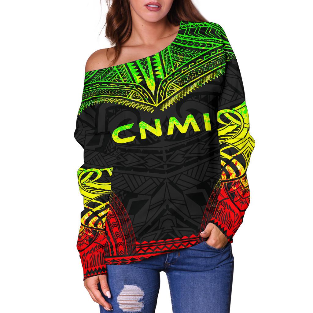 Northern Mariana Islands Polynesian Chief Women's Off Shoulder Sweater - Reggae Version - Polynesian Pride