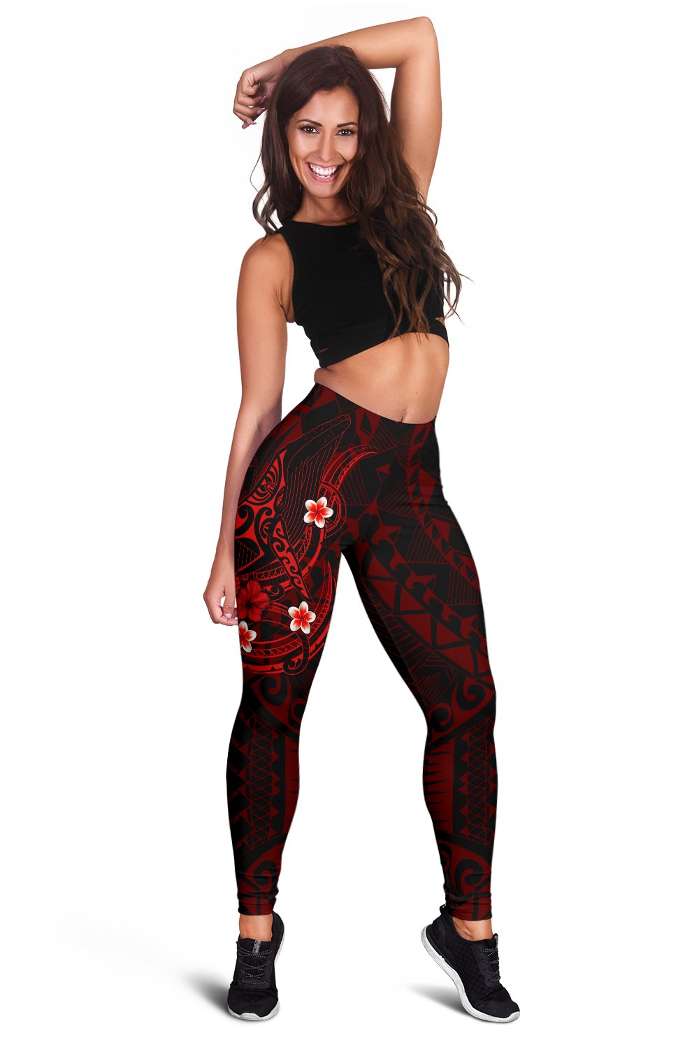 Polynesian Hawaii Women's Leggings - Humpback Whale with Hibiscus (Red) - Polynesian Pride