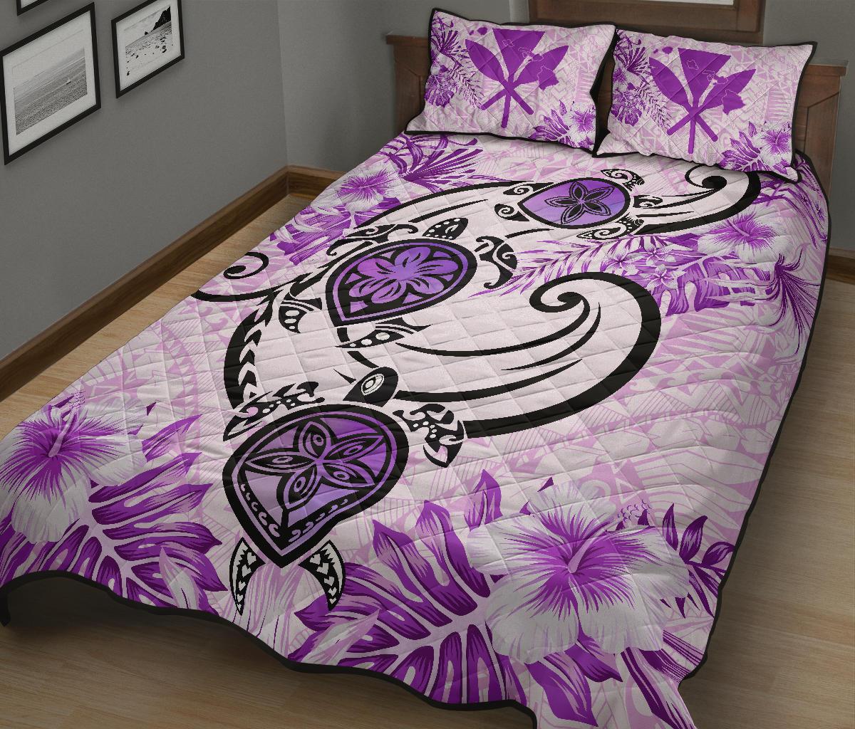 Hawaii Polynesian Plumeria Hibiscus Turtle Quilt Bed Set - AH - Jack Style - Pink - Polynesian Pride