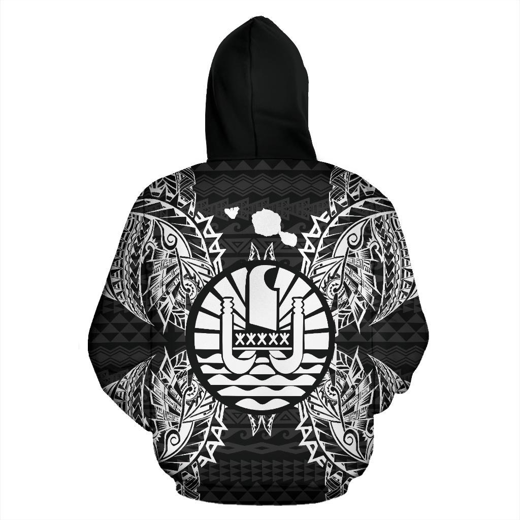 French Polynesia Polynesian All Over Zip up Hoodie Map Black - Polynesian Pride