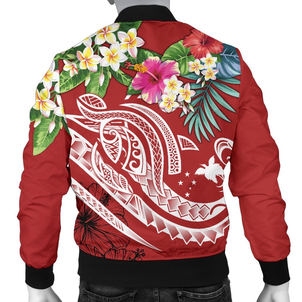 Papua New Guinea Polynesian Men's Bomber Jacket - Summer Plumeria (Red) - Polynesian Pride