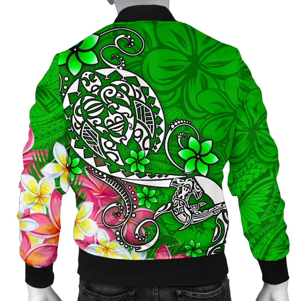 Polynesian Men's Bomber Jacket - Turtle Plumeria Green Color - Polynesian Pride