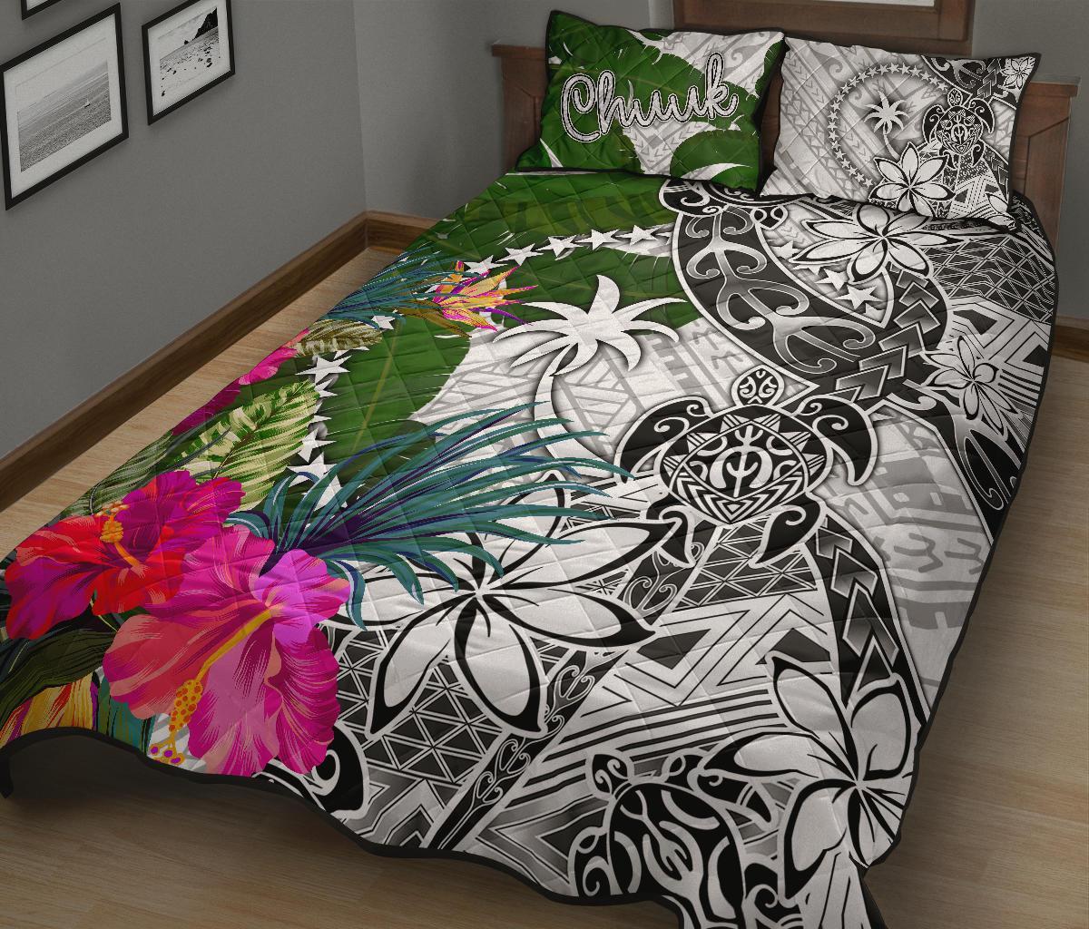 Chuuk Quilt Bed Set White - Turtle Plumeria Banana Leaf - Polynesian Pride