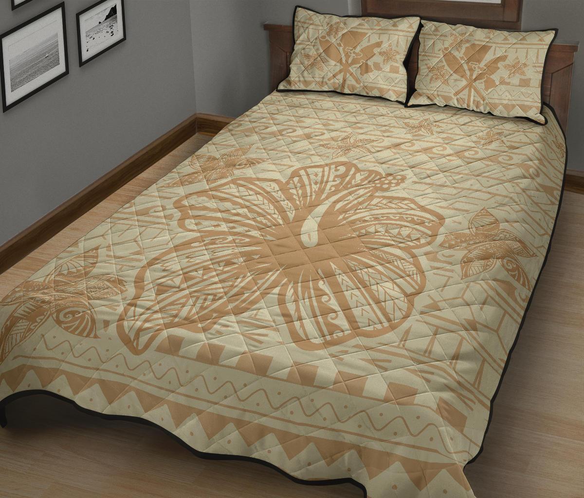 Hawaii Hibiscus Plumeria Kanaka Polynesian Vintage Quilt Bed Set - Polynesian Pride