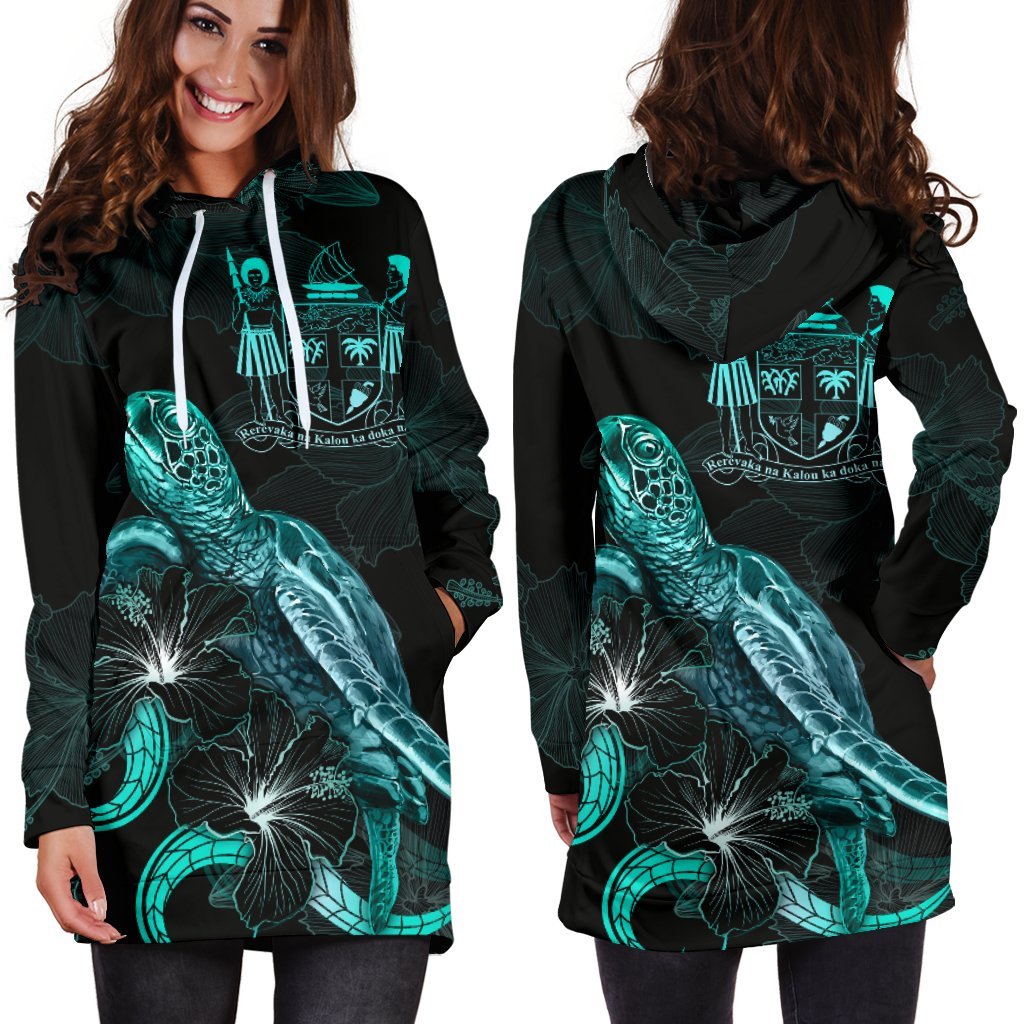 Fiji Polynesian Hoodie Dress - Turtle With Blooming Hibiscus Turquoise - Polynesian Pride