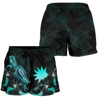 Nauru Polynesian Women's Shorts - Turtle With Blooming Hibiscus Turquoise - Polynesian Pride