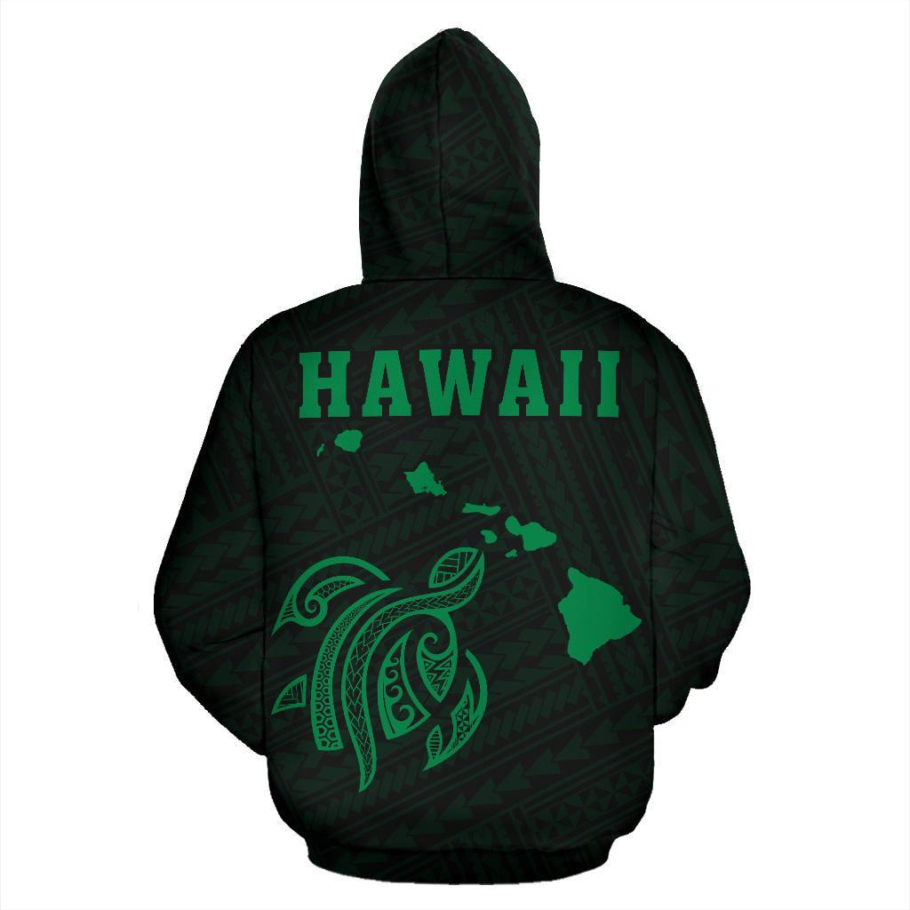 Polynesian Kakau Turtle Map of Hawaii Hoodie Green - Polynesian Pride