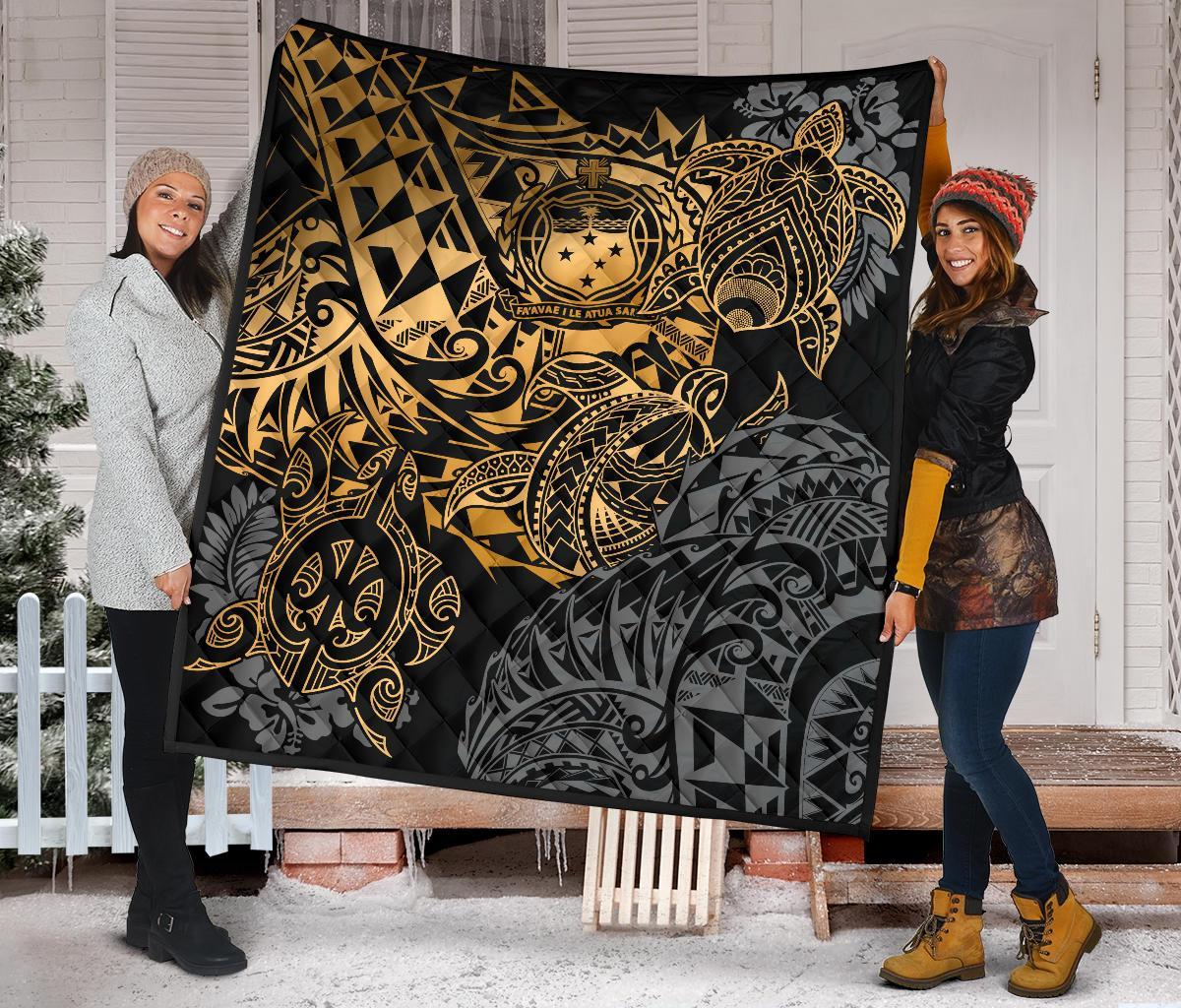 Samoa Polynesian Premium Quilt - Gold Turtle Flowing - Polynesian Pride