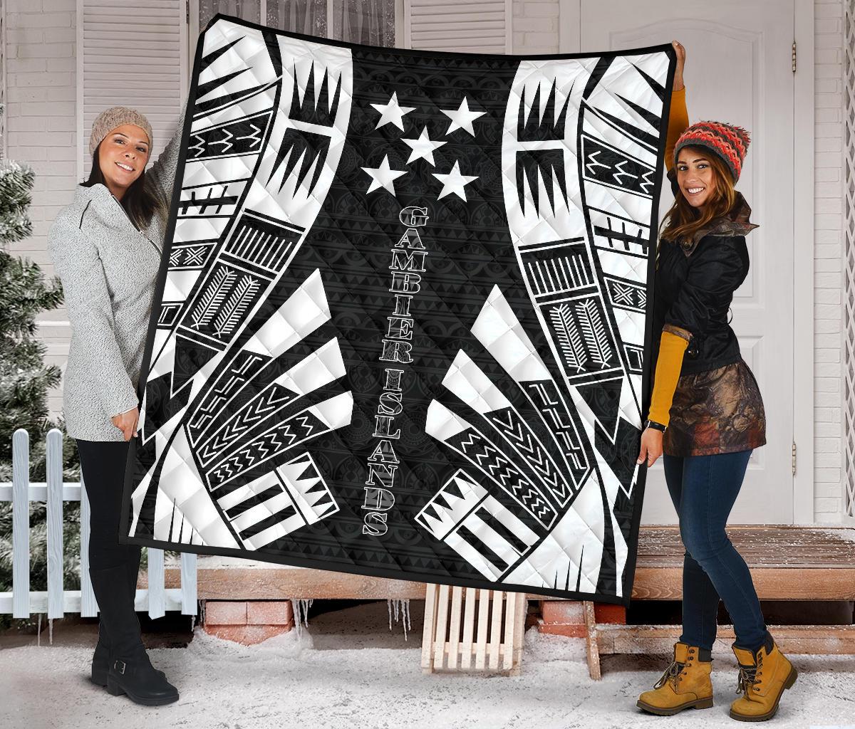 Gambier Islands Premium Quilt - Gambier Islands Flag Polynesian White Tattoo (Black) - Polynesian Pride