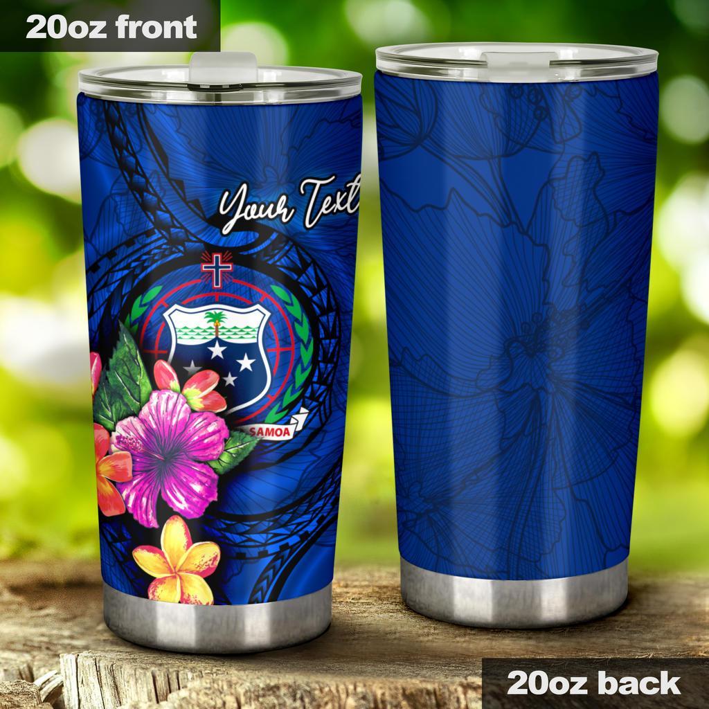 Samoa Polynesian Custom Personalised Tumbler - Floral With Seal Blue Large 20oz Blue - Polynesian Pride