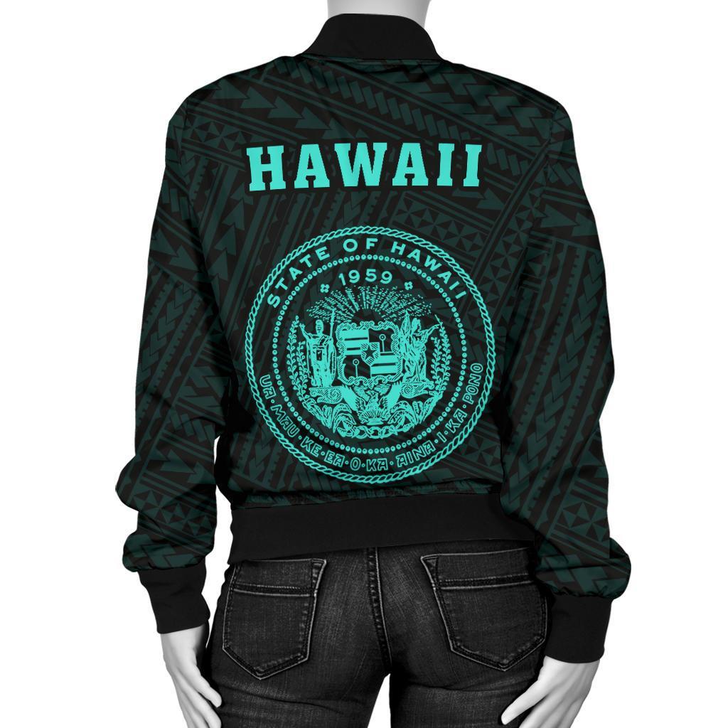 Hawaii Kakau Polynesian Coat Of Arms Women's Bomber Jacket - Turquoise - Polynesian Pride