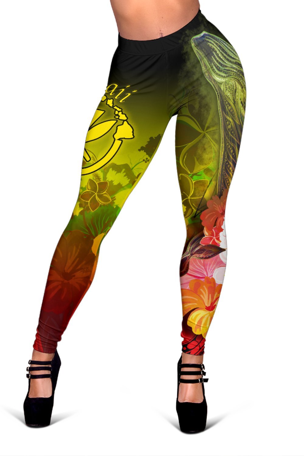 Polynesian Hawaii Women's Leggings - Kanaka Maoli Humpback Whale with Tropical Flowers (Yellow) - Polynesian Pride