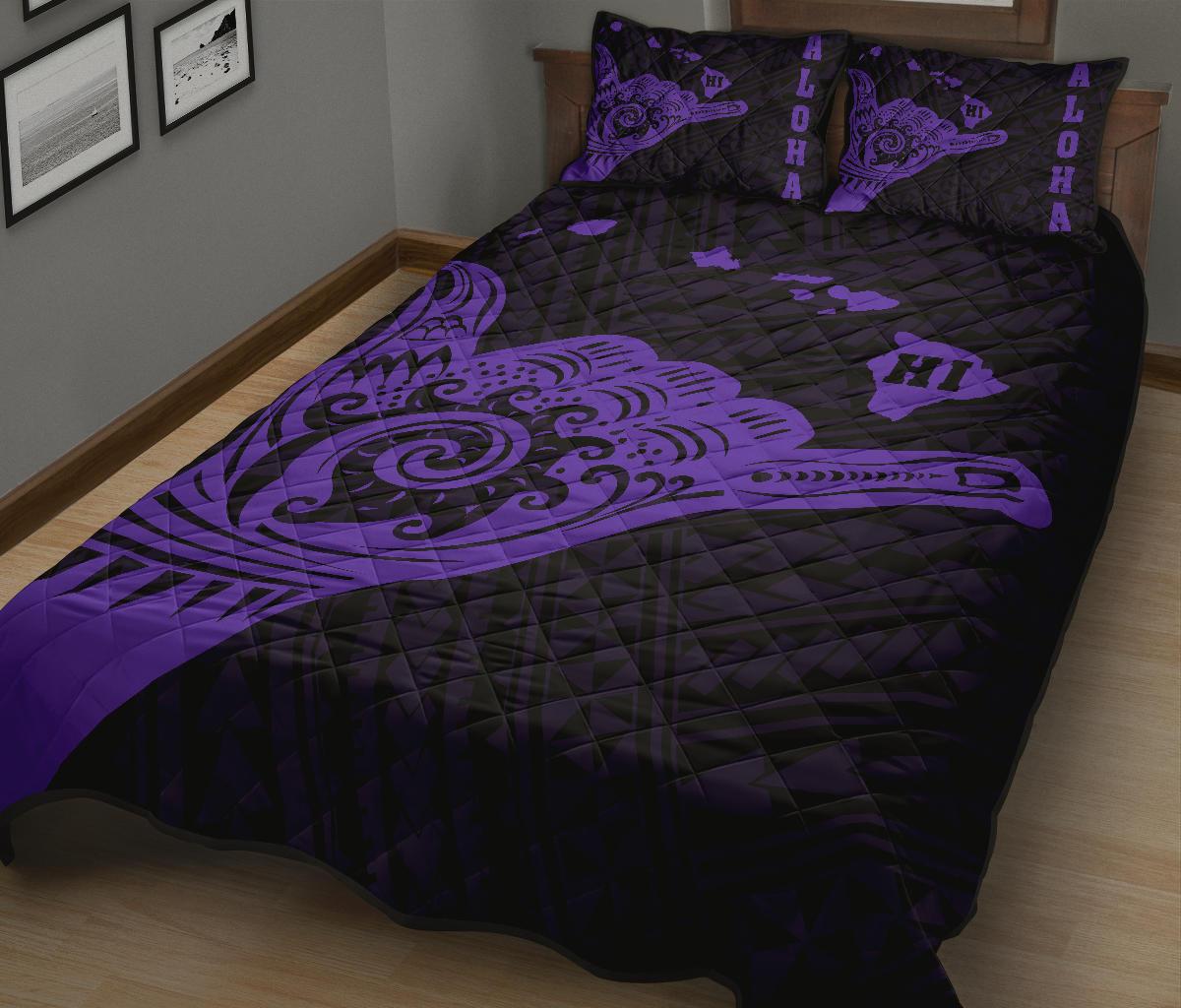 Hawaii Shaka Map Polynesian Quilt Bed Set - Purple - Polynesian Pride