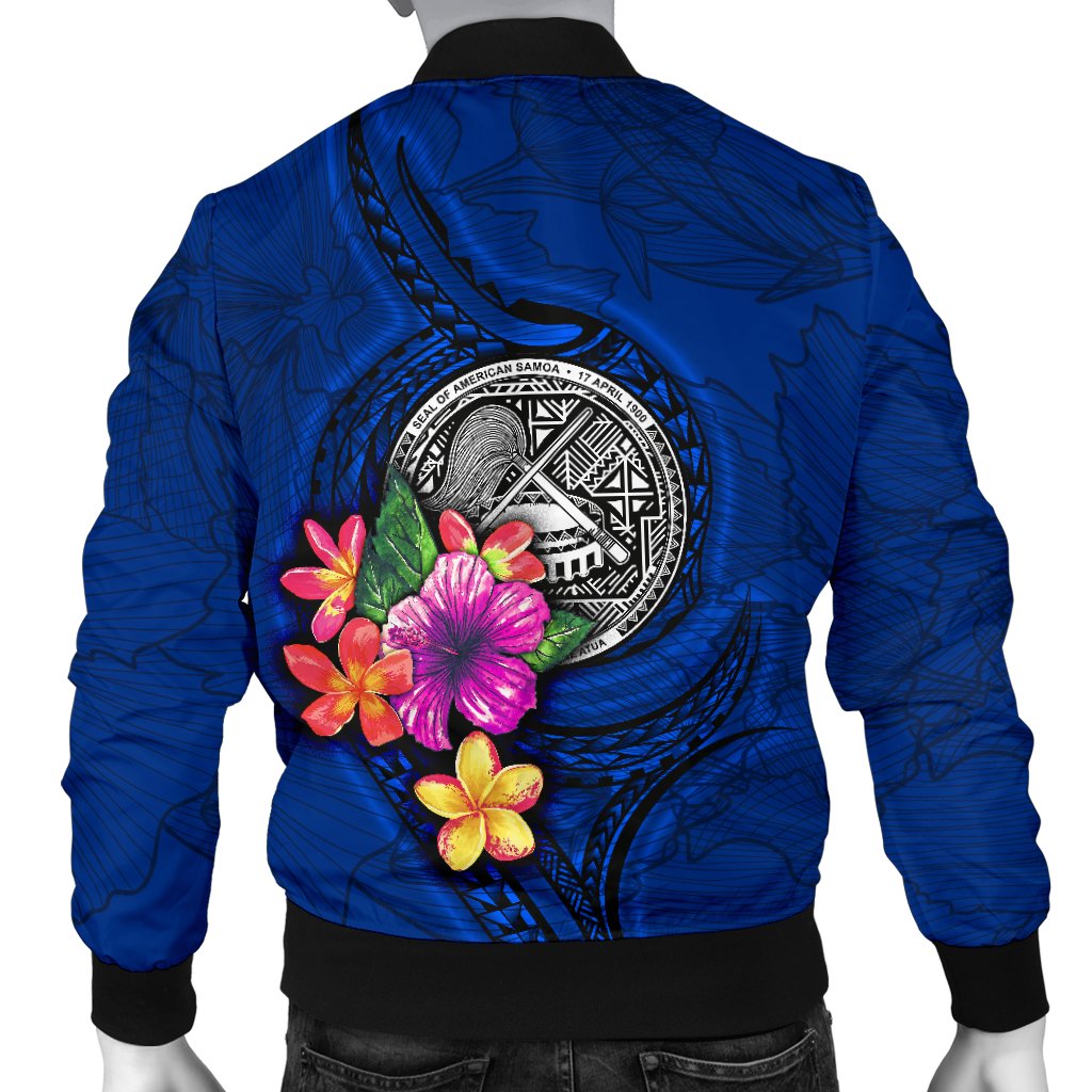 American Samoa Polynesian Men's Bomber Jacket - Floral With Seal Blue - Polynesian Pride