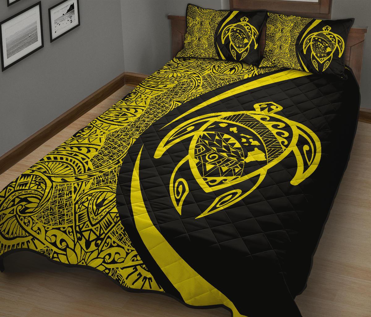 Hawaii Turtle Map Polynesian Quilt Bed Set - Yellow - Circle Style - Polynesian Pride