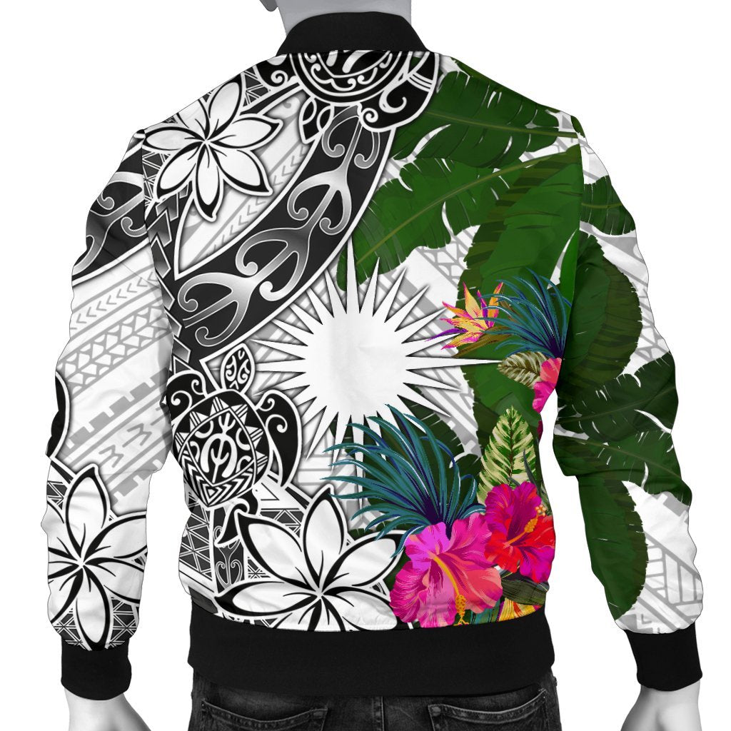 Marshall Islands Men's Bomber Jacket White - Turtle Plumeria Banana Leaf - Polynesian Pride