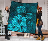 Hawaiian Map Hibiscus Turtle Vintage Polynesian Premium Quilt Turquoise - Polynesian Pride