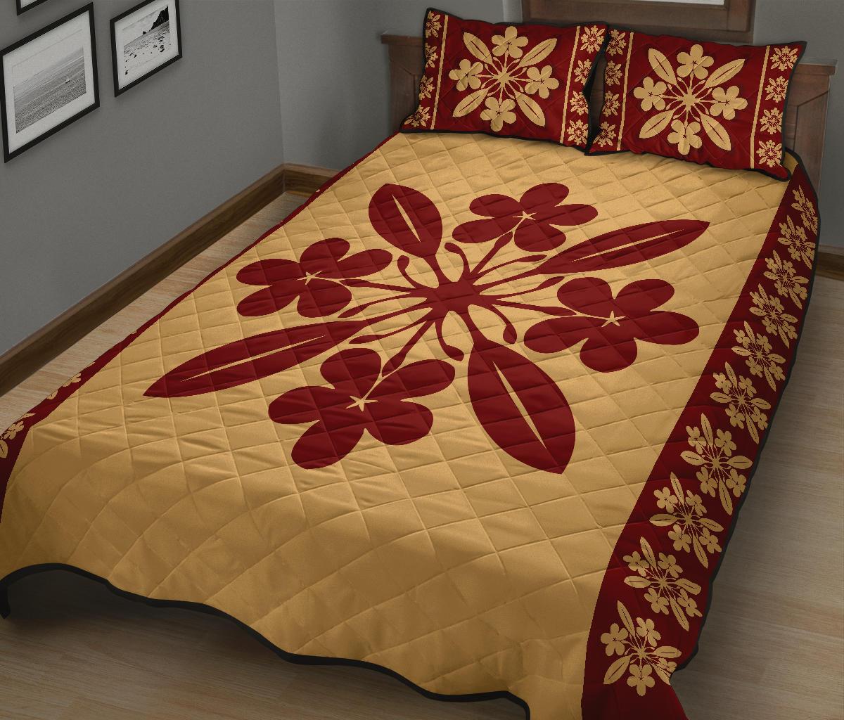 Hawaiian Quilt Pattern Plumeria Lovely Quilt Bed Set - Polynesian Pride
