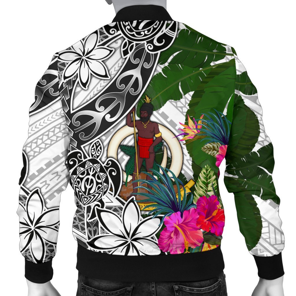 Vanuatu Men's Bomber Jacket White - Turtle Plumeria Banana Leaf - Polynesian Pride