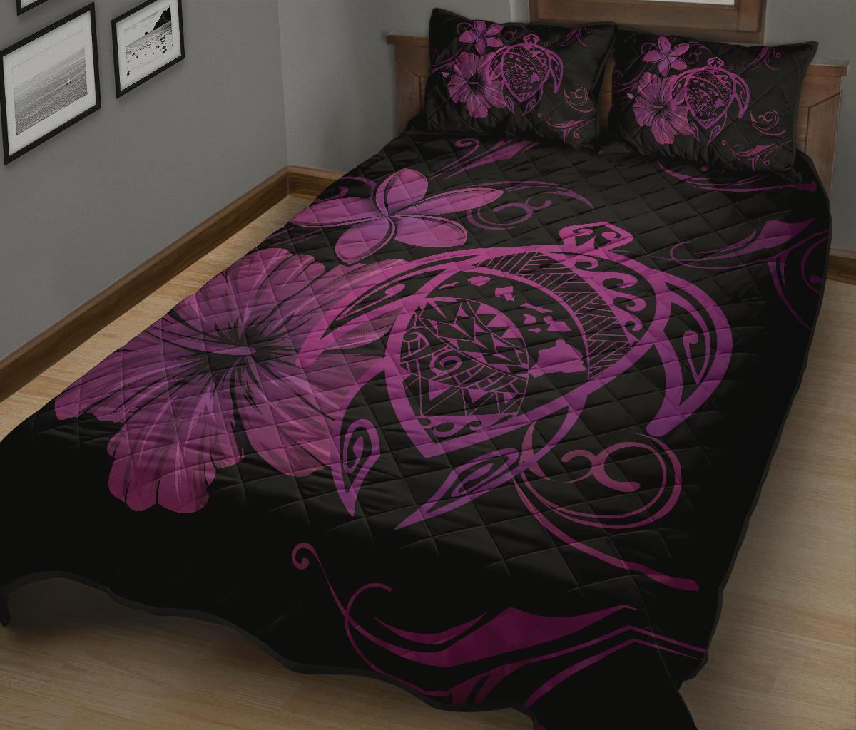 Hawaii Turtle Kanaka Map Hibiscus Poly Quilt Bed Set - Pink - Polynesian Pride