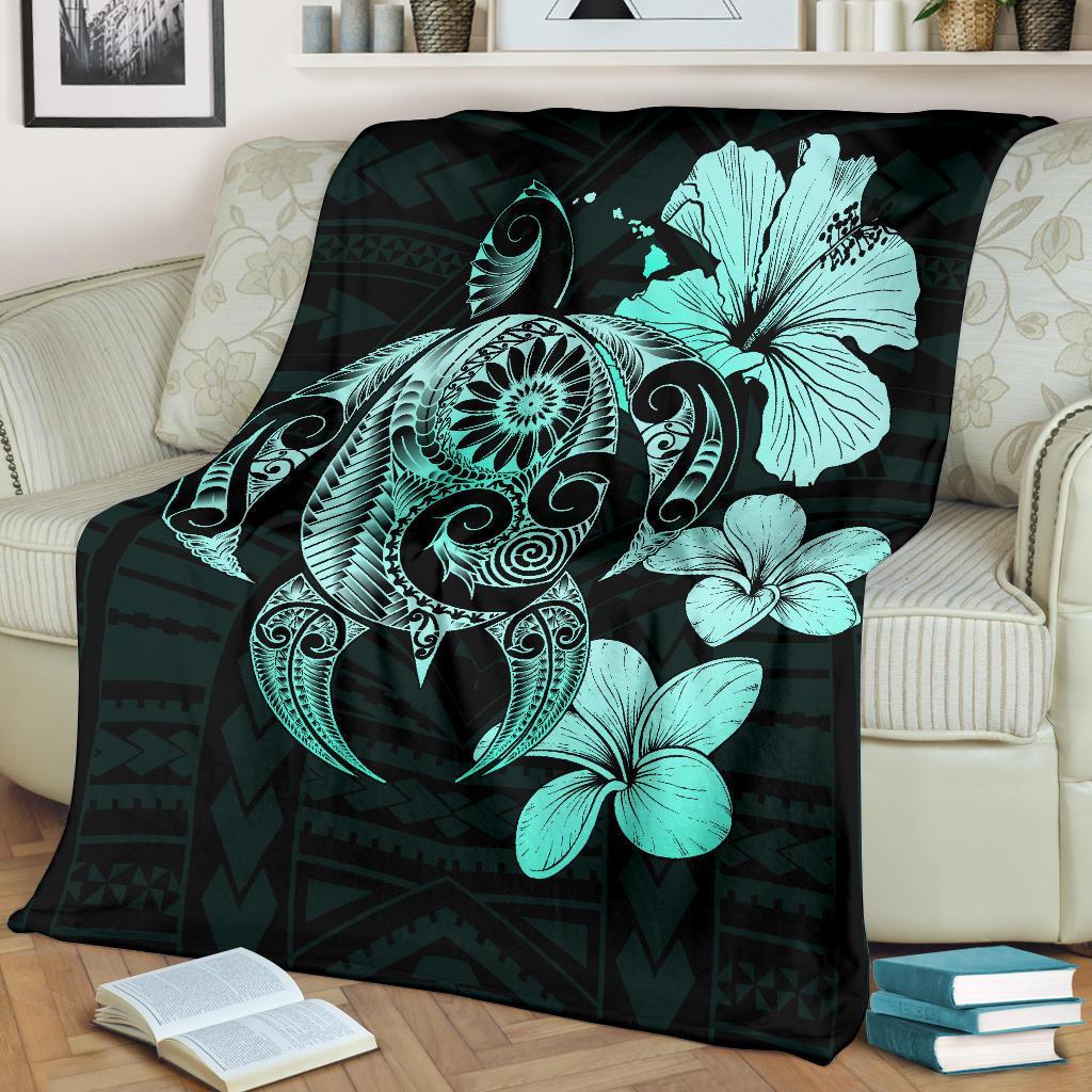 Hibiscus Plumeria Mix Polynesian Turquoise Turtle Premium Blanket - Polynesian Pride