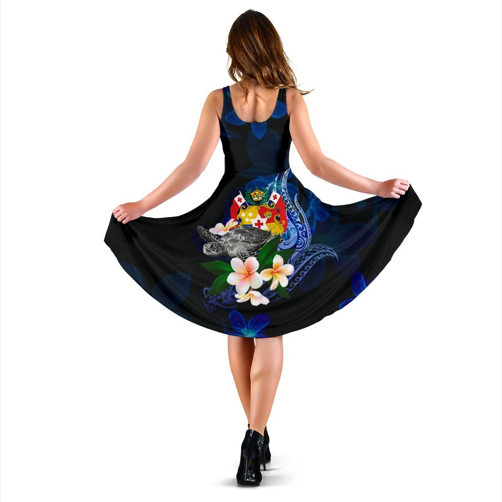 Tonga Polynesian Midi Dress - Turtle With Plumeria Flowers - Polynesian Pride